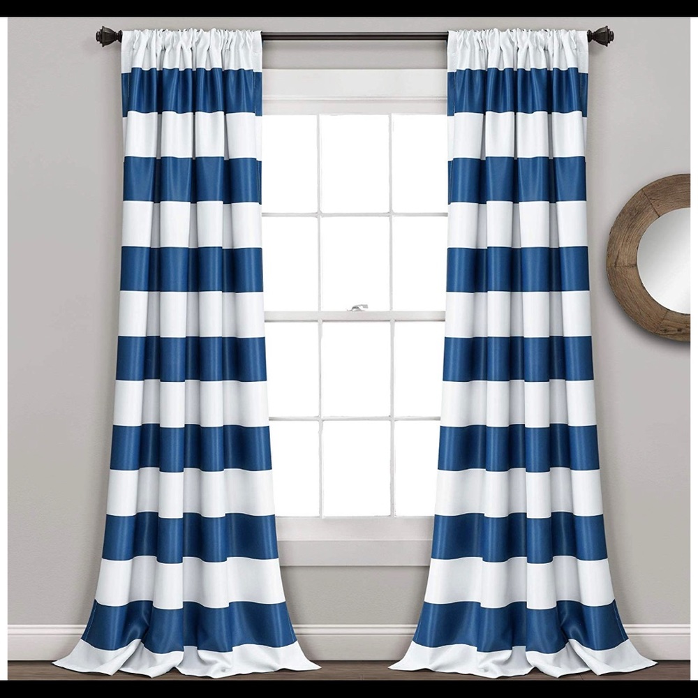 Navy and white striped curtain panels
